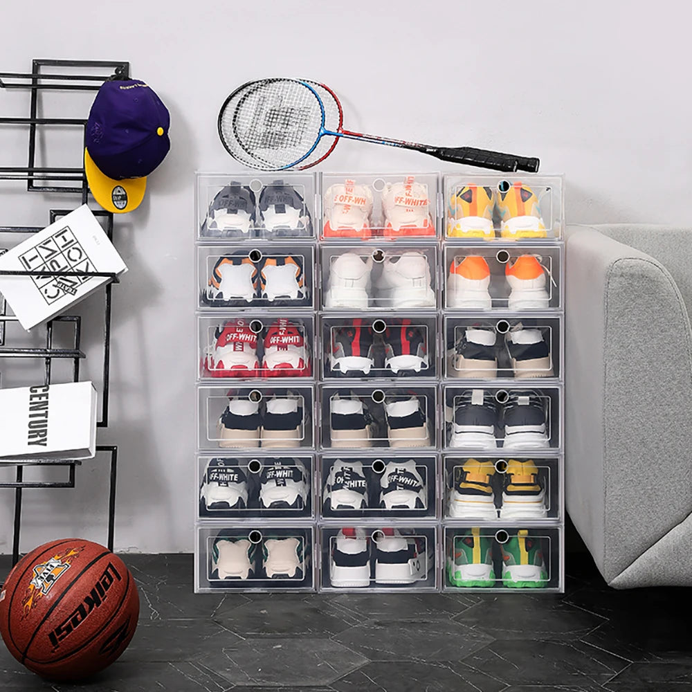 6-Pack Clear Stackable Shoe Storage Boxes – Foldable Shoe Organizers