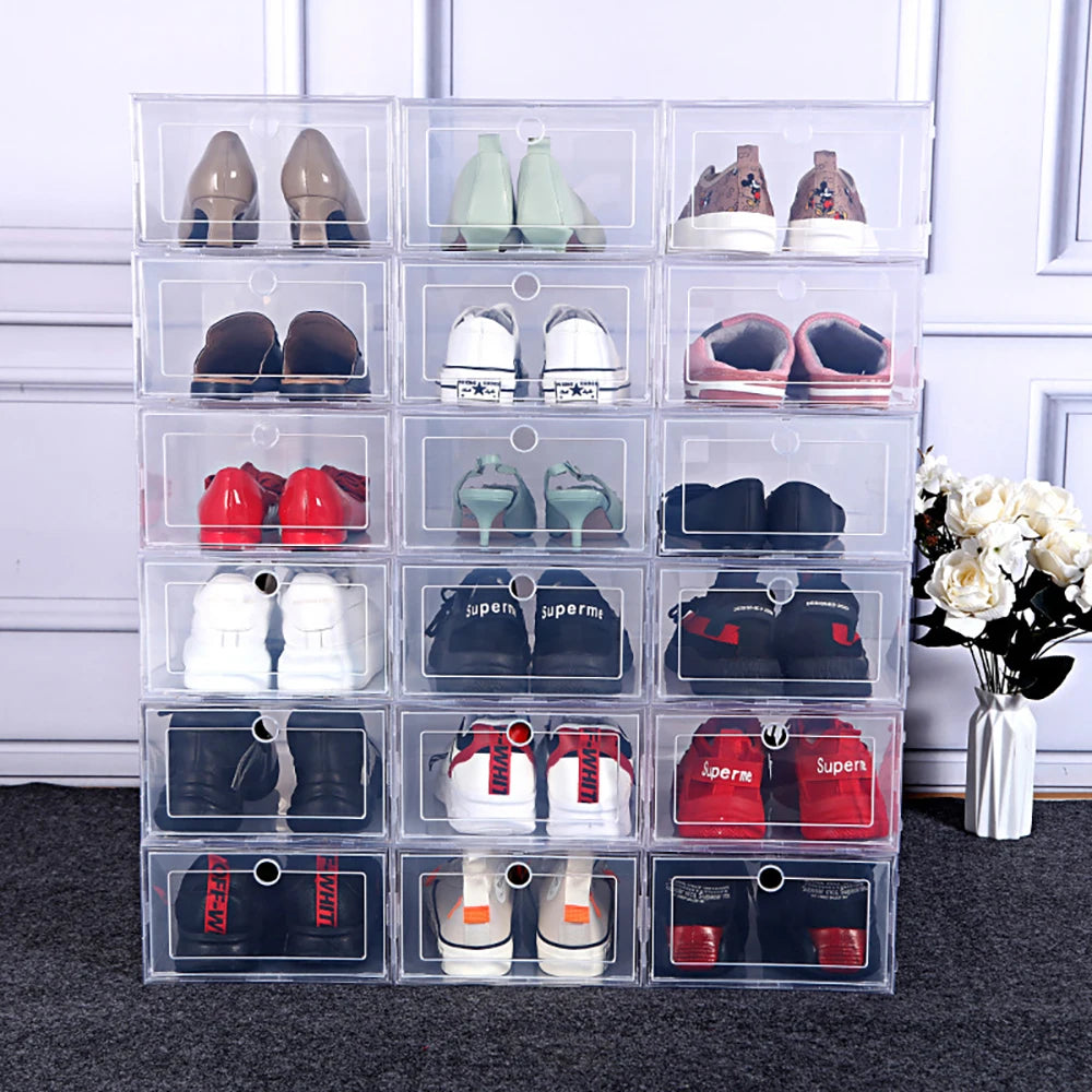 6-Pack Clear Stackable Shoe Storage Boxes – Foldable Shoe Organizers