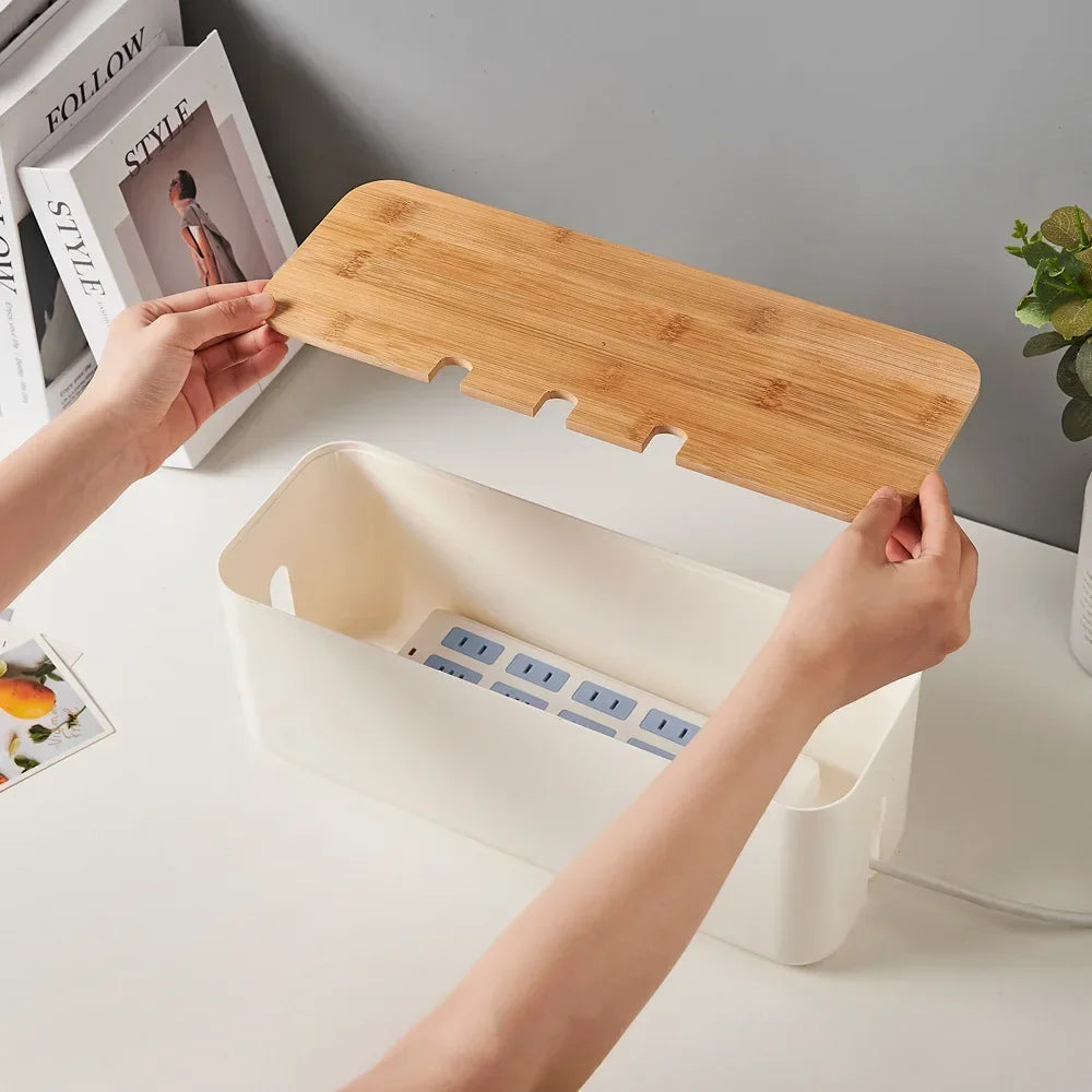 Bamboo Cable Management Box – Desk Wire & Power Strip Organizer