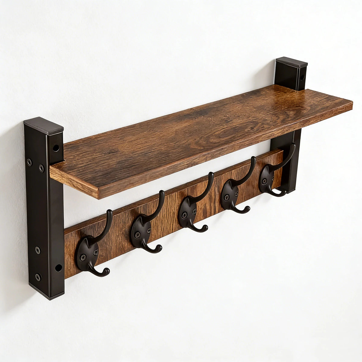 Wooden Wall Shelf with Hooks – Floating Storage Rack for Entryway & Kitchen