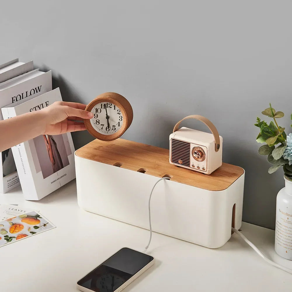 Bamboo Cable Management Box – Desk Wire & Power Strip Organizer