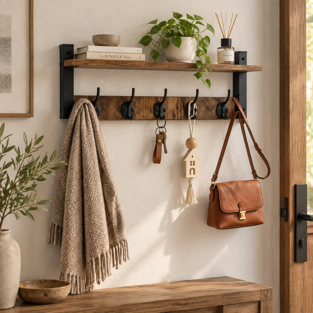 Wooden Wall Shelf with Hooks – Floating Storage Rack for Entryway & Kitchen
