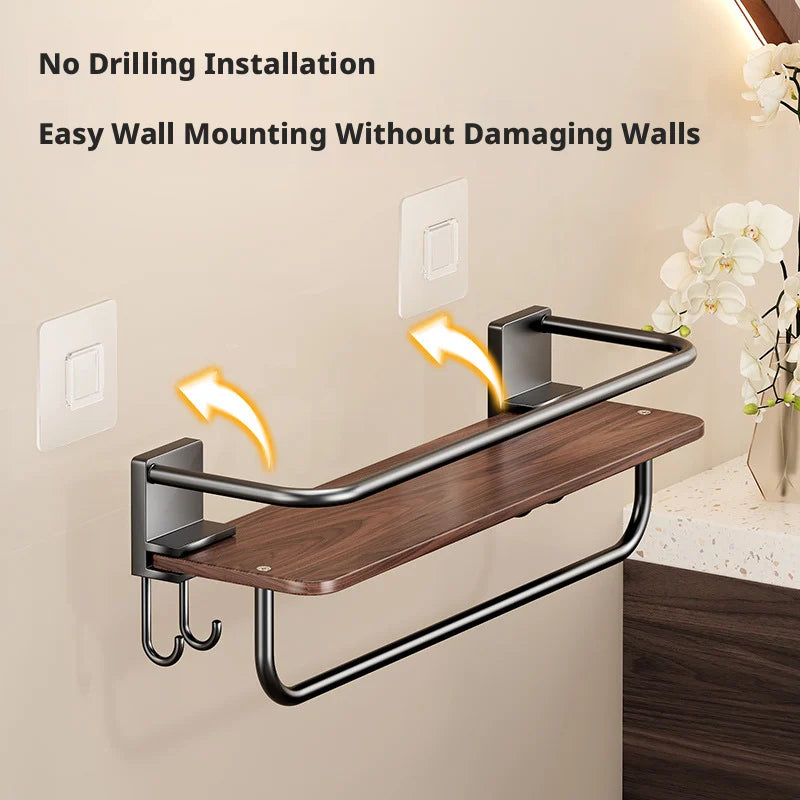 Adhesive Shower Caddy with Wooden Shelves – No-Drill Bathroom Organizer