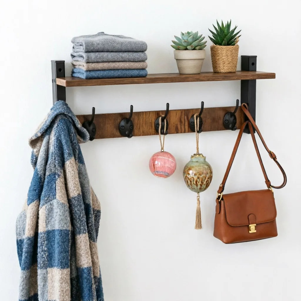 Wooden Wall Shelf with Hooks – Floating Storage Rack for Entryway & Kitchen