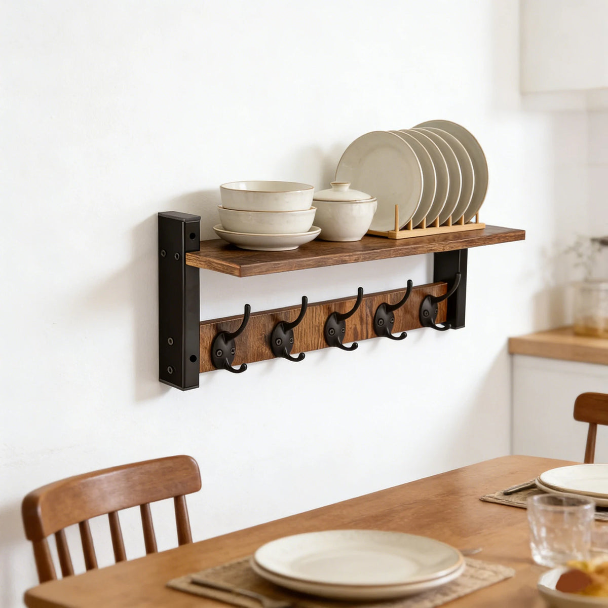 Wooden Wall Shelf with Hooks – Floating Storage Rack for Entryway & Kitchen
