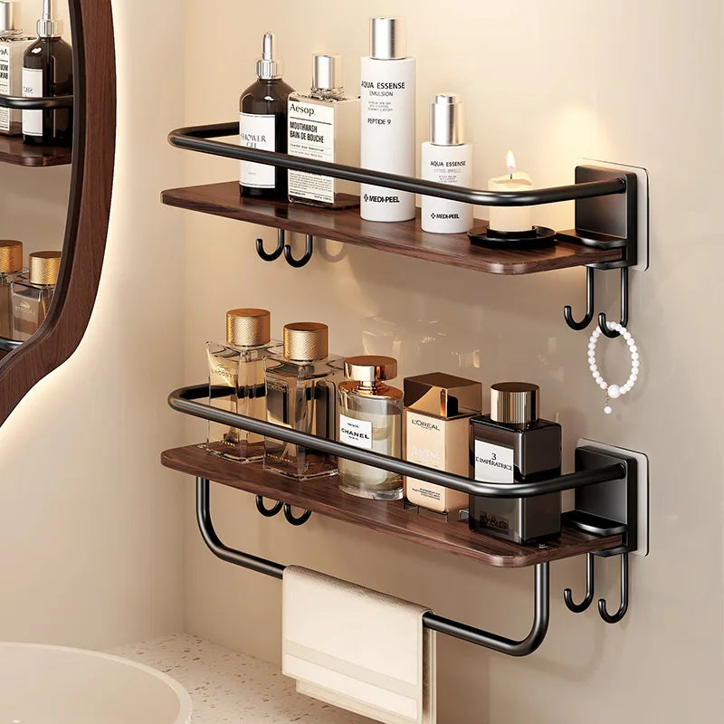 Adhesive Shower Caddy with Wooden Shelves – No-Drill Bathroom Organizer