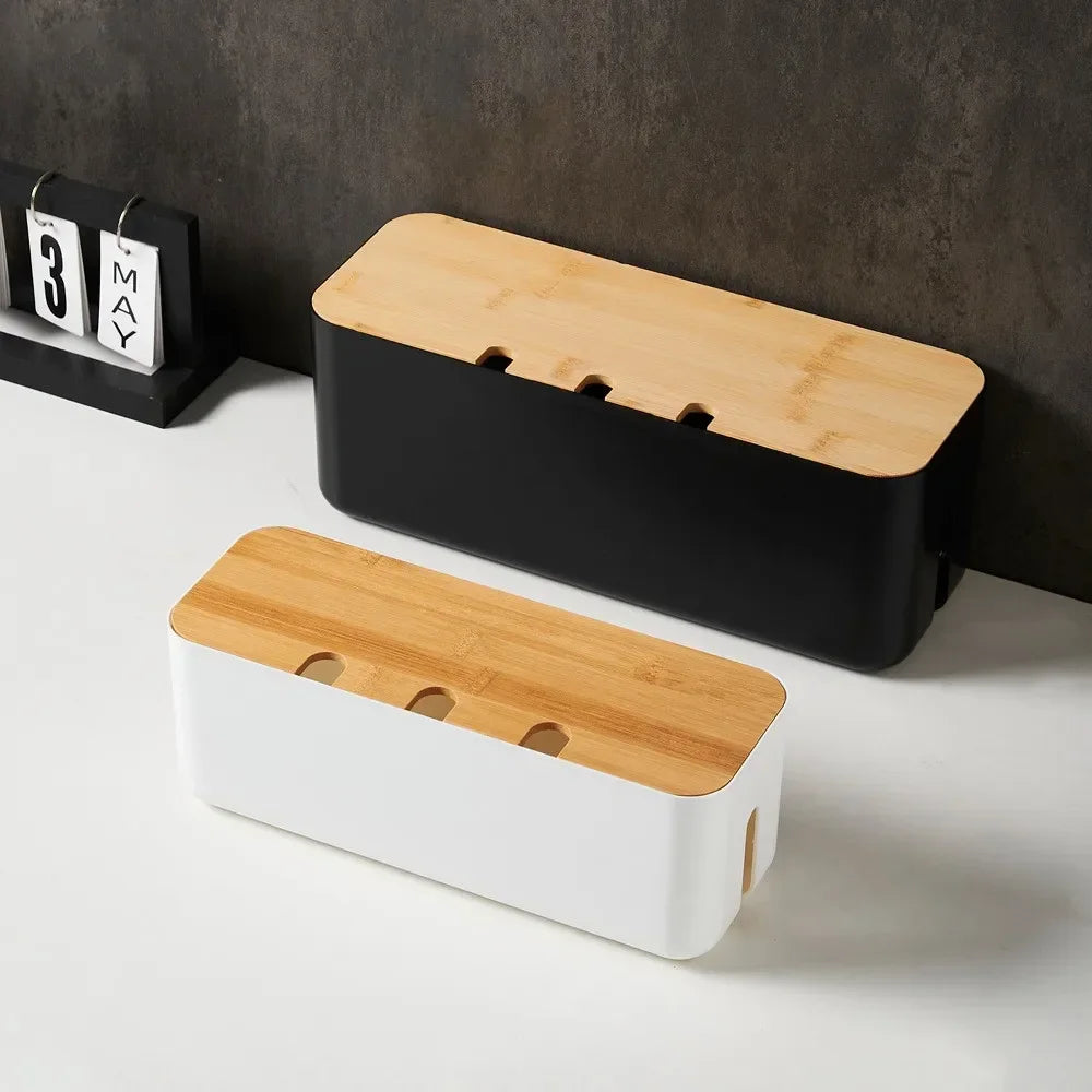 Bamboo Cable Management Box – Desk Wire & Power Strip Organizer
