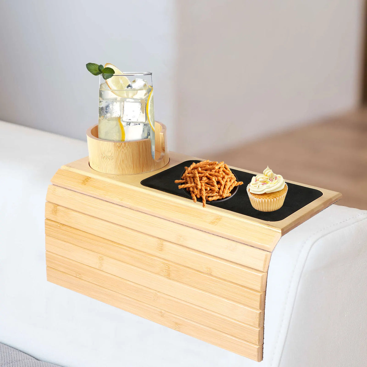 Bamboo Sofa Armrest Tray – Foldable Couch Cup Holder
