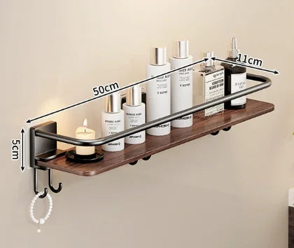Adhesive Shower Caddy with Wooden Shelves – No-Drill Bathroom Organizer