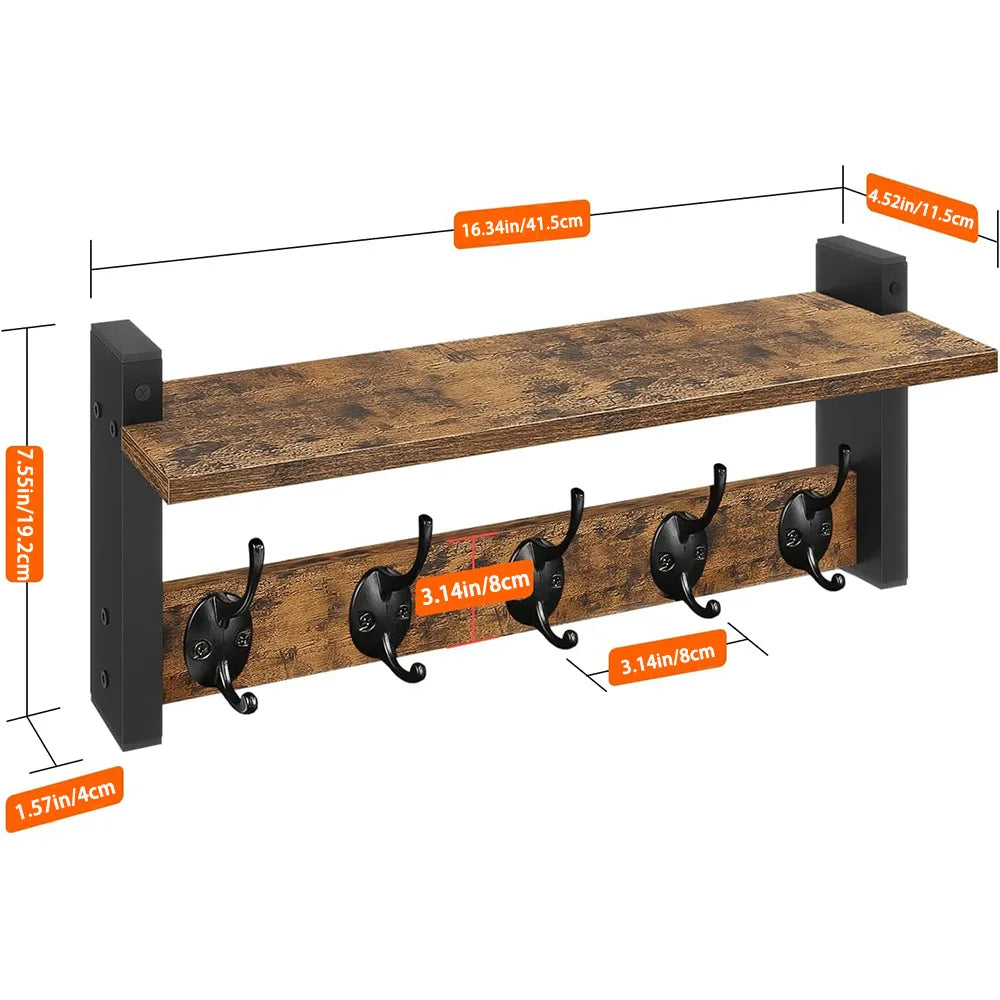 Wooden Wall Shelf with Hooks – Floating Storage Rack for Entryway & Kitchen