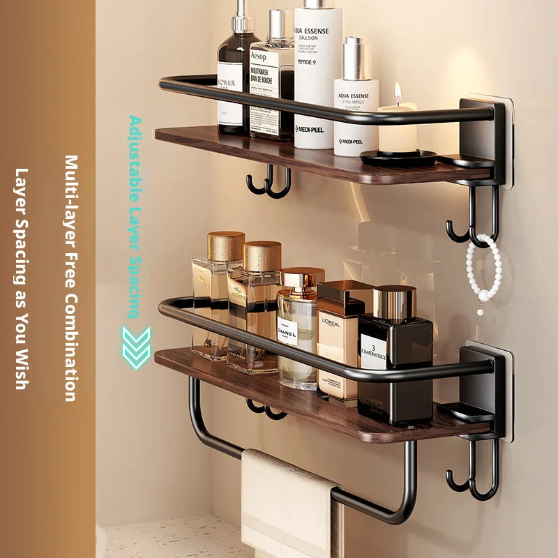 Adhesive Shower Caddy with Wooden Shelves – No-Drill Bathroom Organizer