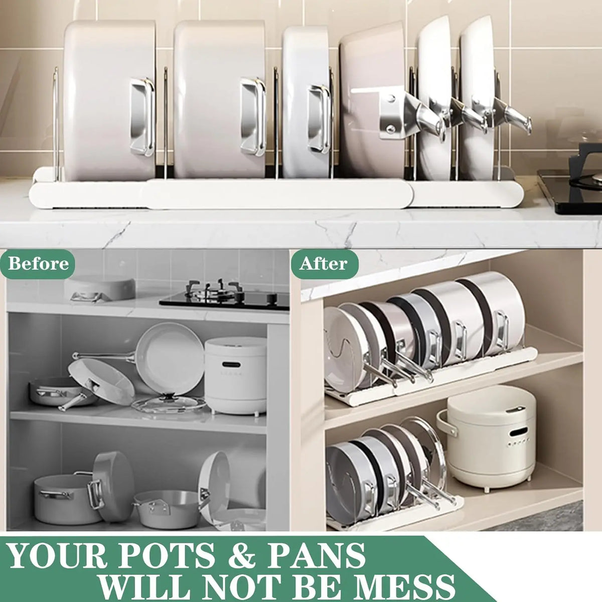 Expandable Pot & Pan Organizer Rack – Space-Saving Kitchen Storage