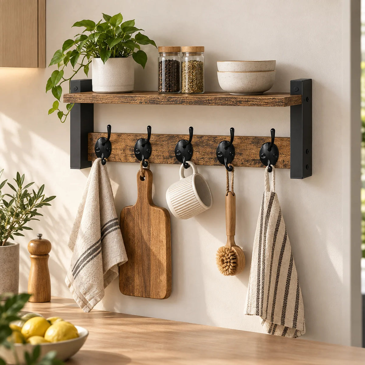 Wooden Wall Shelf with Hooks – Floating Storage Rack for Entryway & Kitchen