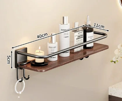 Adhesive Shower Caddy with Wooden Shelves – No-Drill Bathroom Organizer