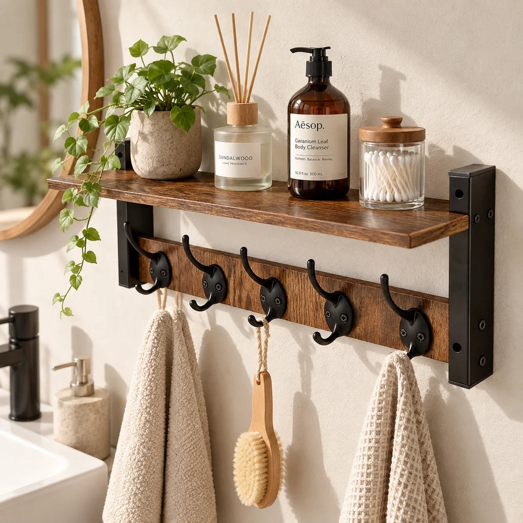 Wooden Wall Shelf with Hooks – Floating Storage Rack for Entryway & Kitchen