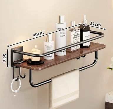 Adhesive Shower Caddy with Wooden Shelves – No-Drill Bathroom Organizer