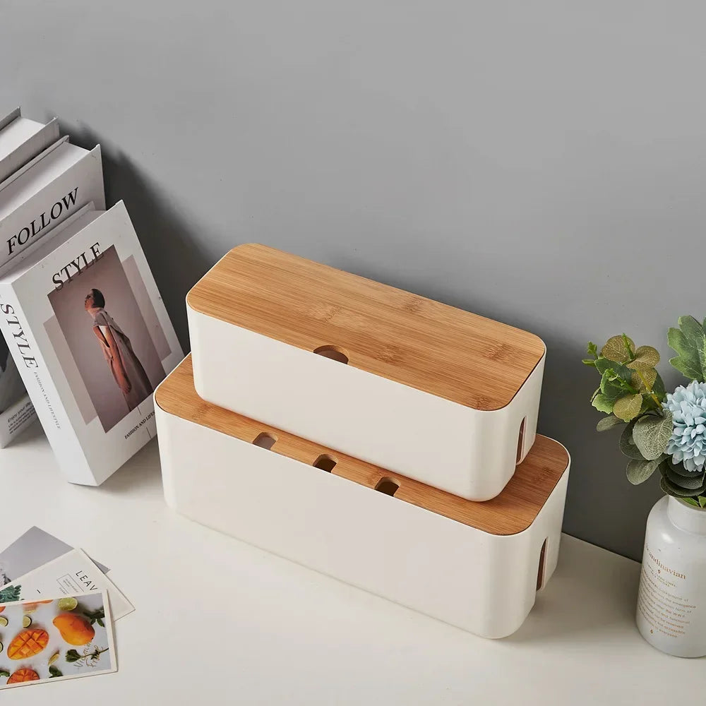 Bamboo Cable Management Box – Desk Wire & Power Strip Organizer
