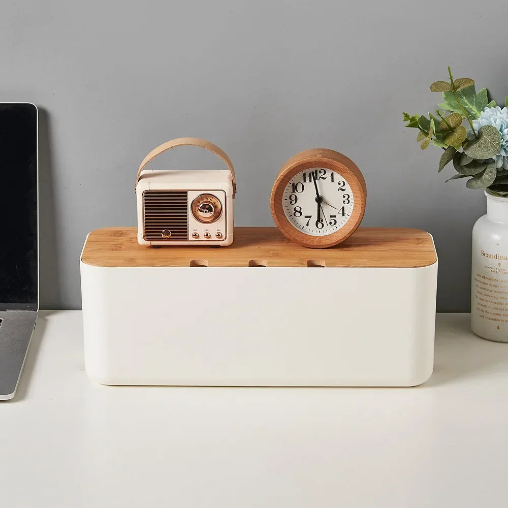 Bamboo Cable Management Box – Desk Wire & Power Strip Organizer