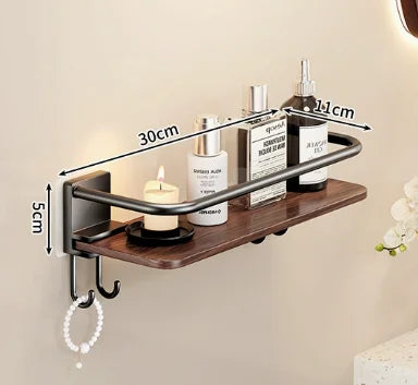 Adhesive Shower Caddy with Wooden Shelves – No-Drill Bathroom Organizer