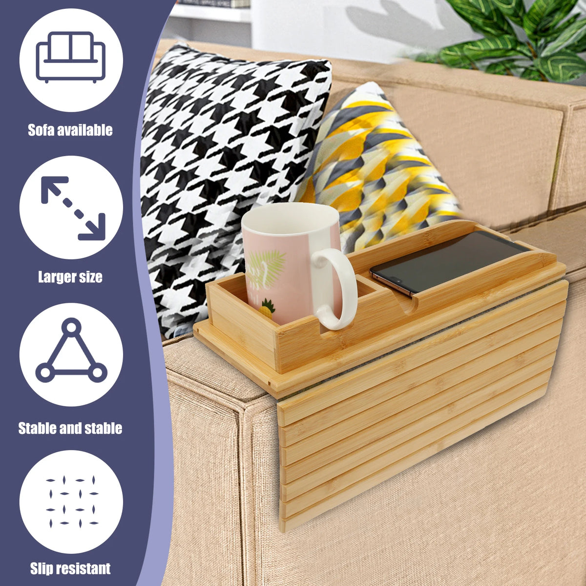 Bamboo Sofa Armrest Tray – Foldable Couch Cup Holder