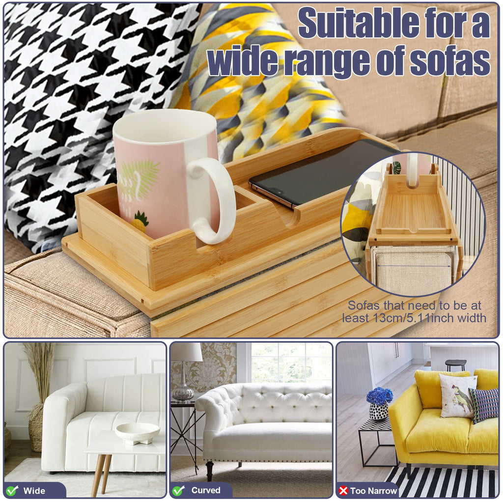 Bamboo Sofa Armrest Tray – Foldable Couch Cup Holder