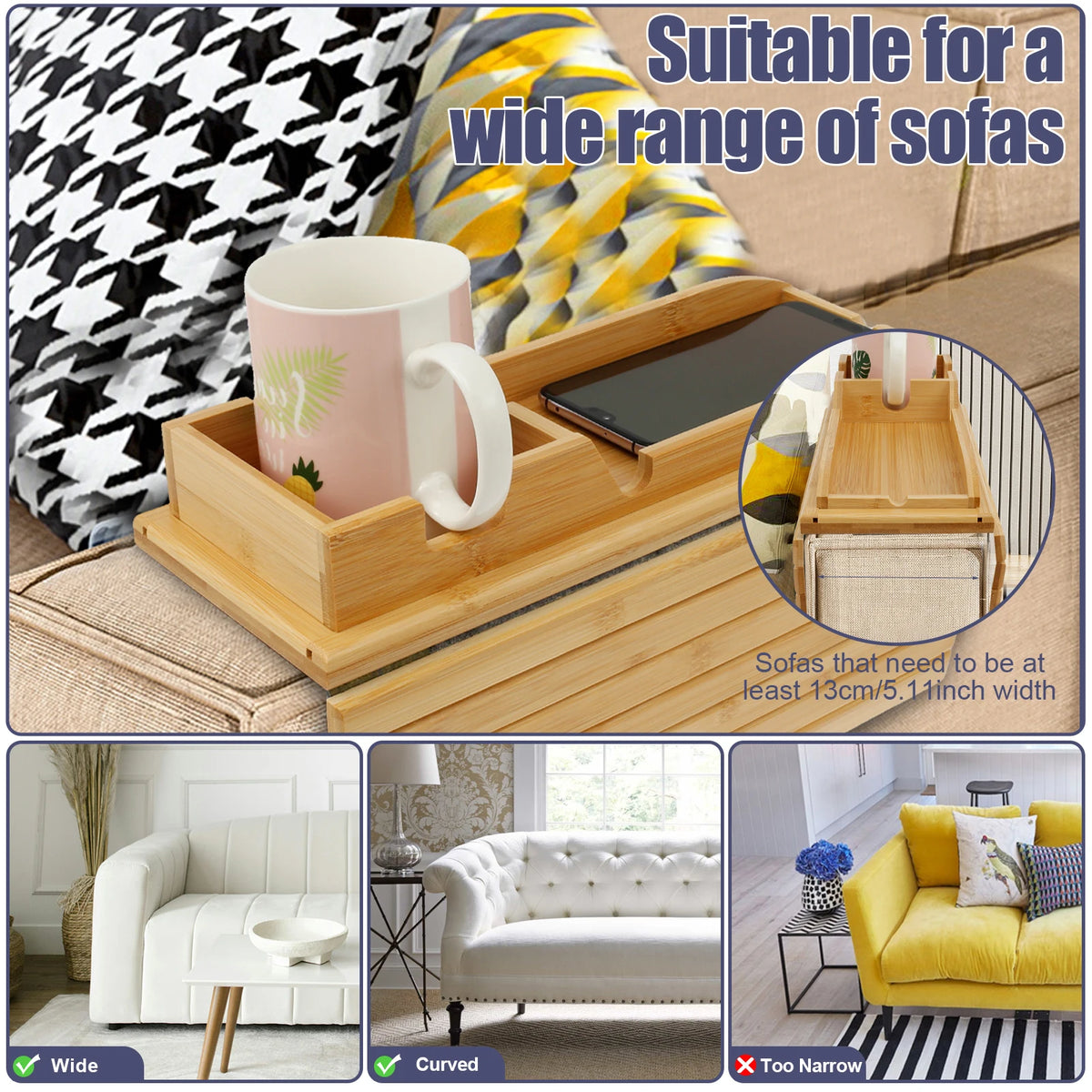 Bamboo Sofa Armrest Tray – Foldable Couch Cup Holder