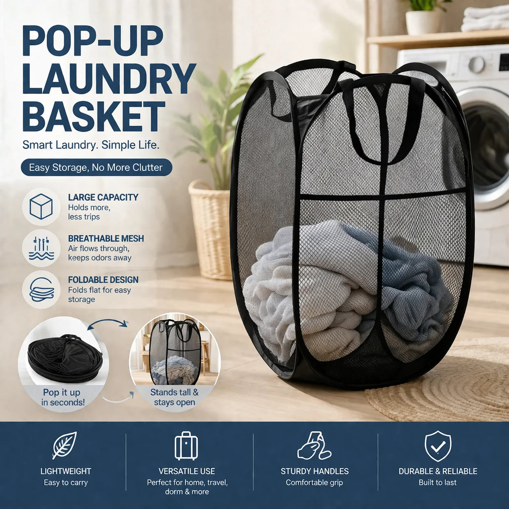 Foldable Mesh Laundry Basket – Lightweight Pop-Up Clothes Hamper
