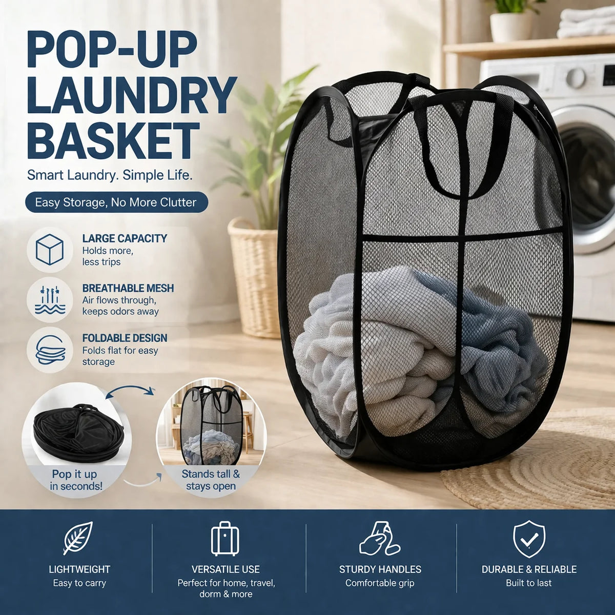 Foldable Mesh Laundry Basket – Lightweight Pop-Up Clothes Hamper