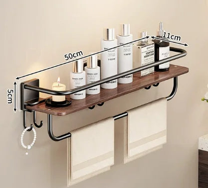 Adhesive Shower Caddy with Wooden Shelves – No-Drill Bathroom Organizer