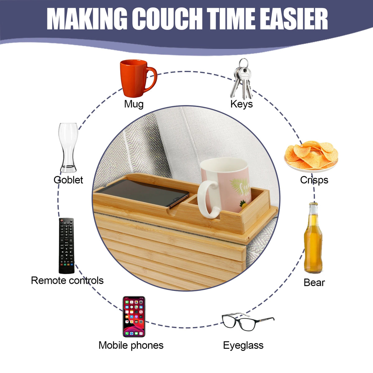 Bamboo Sofa Armrest Tray – Foldable Couch Cup Holder