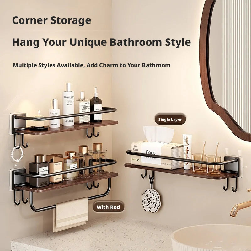Adhesive Shower Caddy with Wooden Shelves – No-Drill Bathroom Organizer