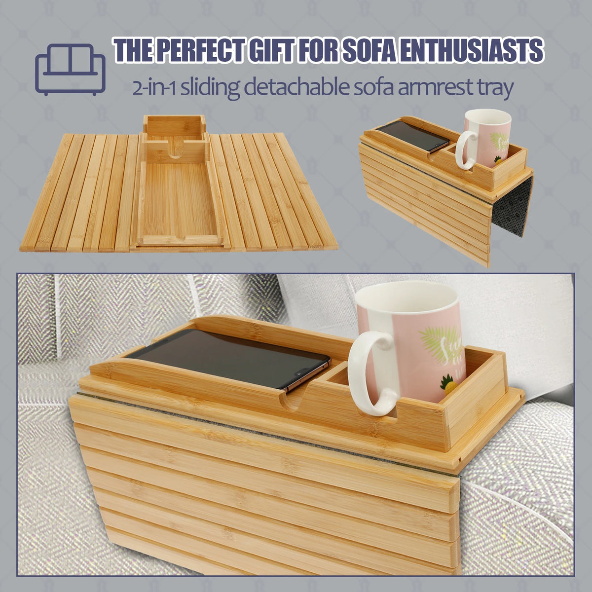 Bamboo Sofa Armrest Tray – Foldable Couch Cup Holder
