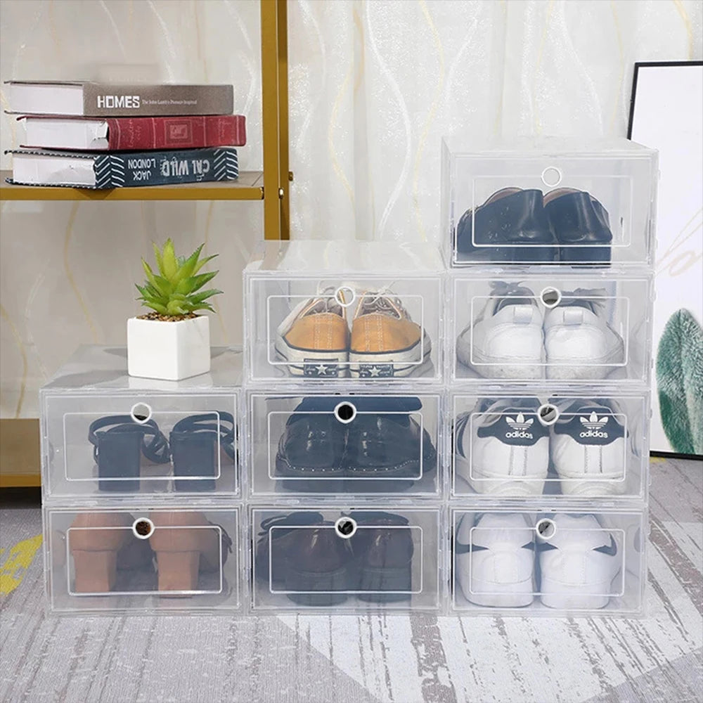 6-Pack Clear Stackable Shoe Storage Boxes – Foldable Shoe Organizers