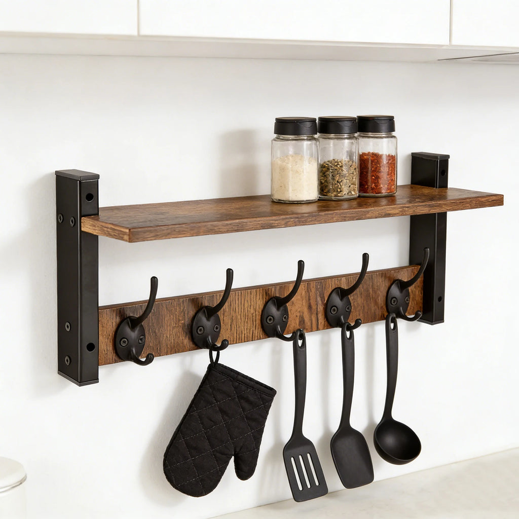 Wooden Wall Shelf with Hooks – Floating Storage Rack for Entryway & Kitchen