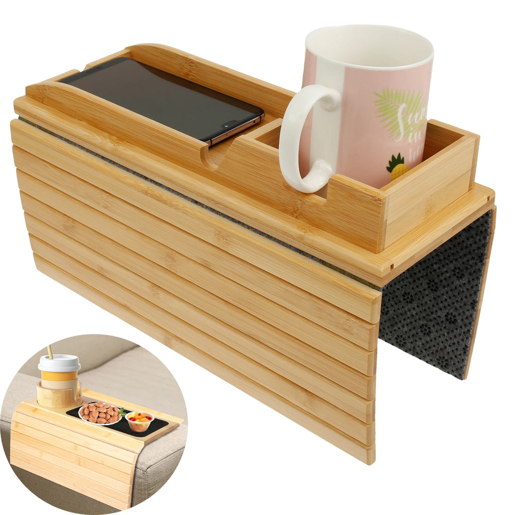 Bamboo Sofa Armrest Tray – Foldable Couch Cup Holder