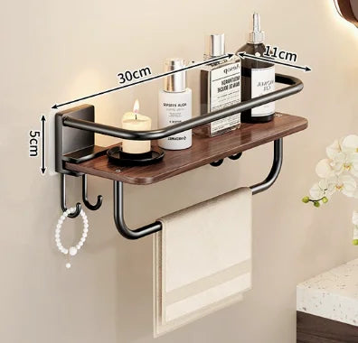 Adhesive Shower Caddy with Wooden Shelves – No-Drill Bathroom Organizer